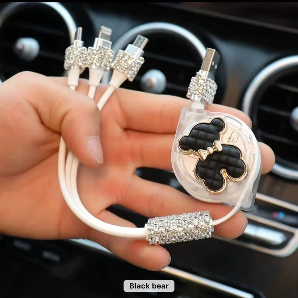 luxury 3-in-1 Charging Cable with Sparkly Rhinestones & bear design
